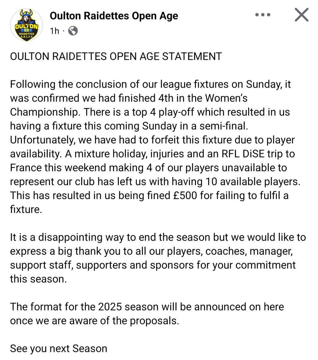 <a href="/BBCWYS/">BBC Sport West Yorkshire</a> <a href="/OutOfHerLeague/">OutOfHerLeague</a> <a href="/Forty20LIVE/">Forty20LIVE - Rugby League Podcasts & Videos</a> <a href="/TheRFL/">Rugby Football League</a> <a href="/England_RL/">England Rugby League</a> <a href="/tanyaarnold/">Tanya Arnold</a> <a href="/SkySportsRL/">Sky Sports Rugby League</a> <a href="/BBCrugbyleague/">BBCrugbyleague</a> <a href="/BBCNews/">BBC News (UK)</a> <a href="/stubazzer/">stu barrow</a> <a href="/andywillo13/">Andy Williamson</a> <a href="/cheesy1977/">Cheesy</a> 

Having to end the season like this just seems wrong after the work the volunteer coaches and the players have put in!!!!