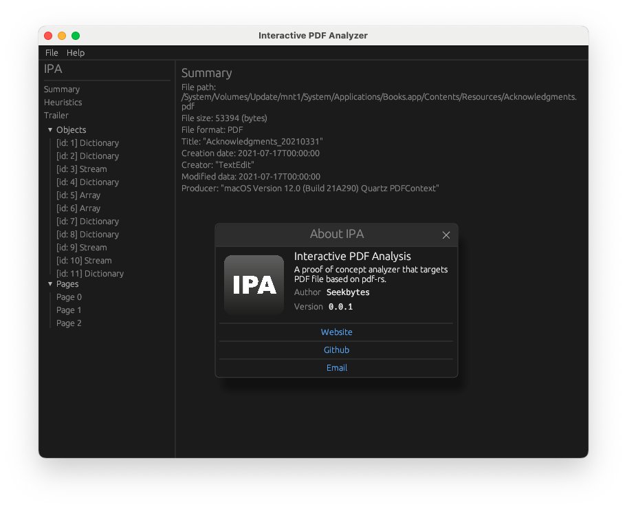 IPA : GUI analyzer for deep-diving into PDF files (Detect malicious payloads, understand object relationships, and extract key information for threat analysis) : github.com/seekbytes/IPA