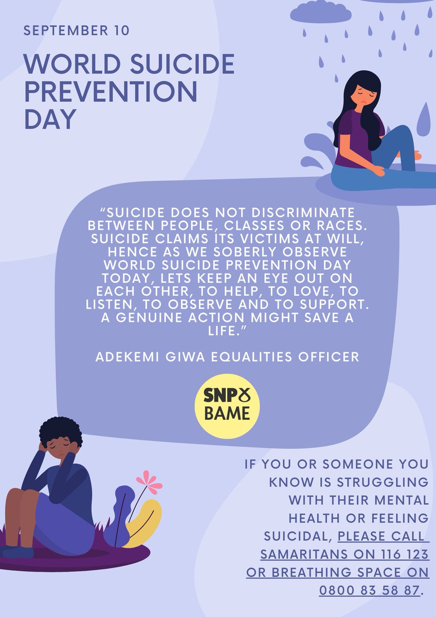 SNPBAME's tweet photo. A few words from our Equalities Officer, @AdekemiGiwa 

If you or someone you know is struggling with their mental health or feeling suicidal, please call
Samaritans on 116 123 or Breathing Space on 0800 83 58 87.

You are not alone. You are loved. 🫂 https://t.co/qe9rcNczsG