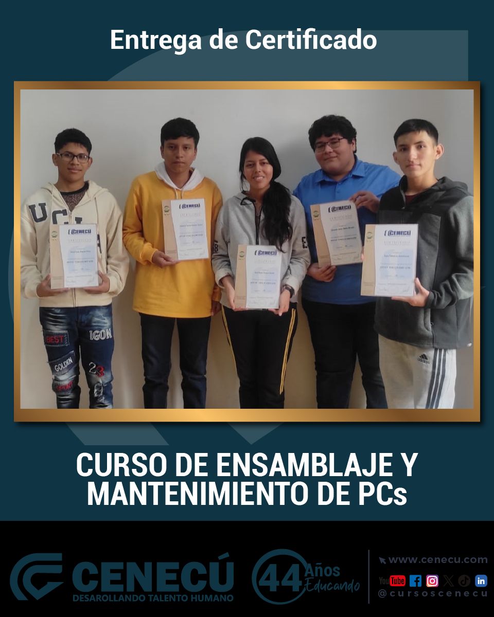 CursosCenecu's tweet image. Felicitaciones a nuestros estudiantes del curso de
ENSAMBLAJE Y MANTENIMIENTO DE PCs por haber culminado su capacitación con éxito.
.
Más información: buff.ly/3kegsNX
.
#MantenimientoDePc #InstalacionDeSoftware #programas #ReparacionDePc #FormatearPc