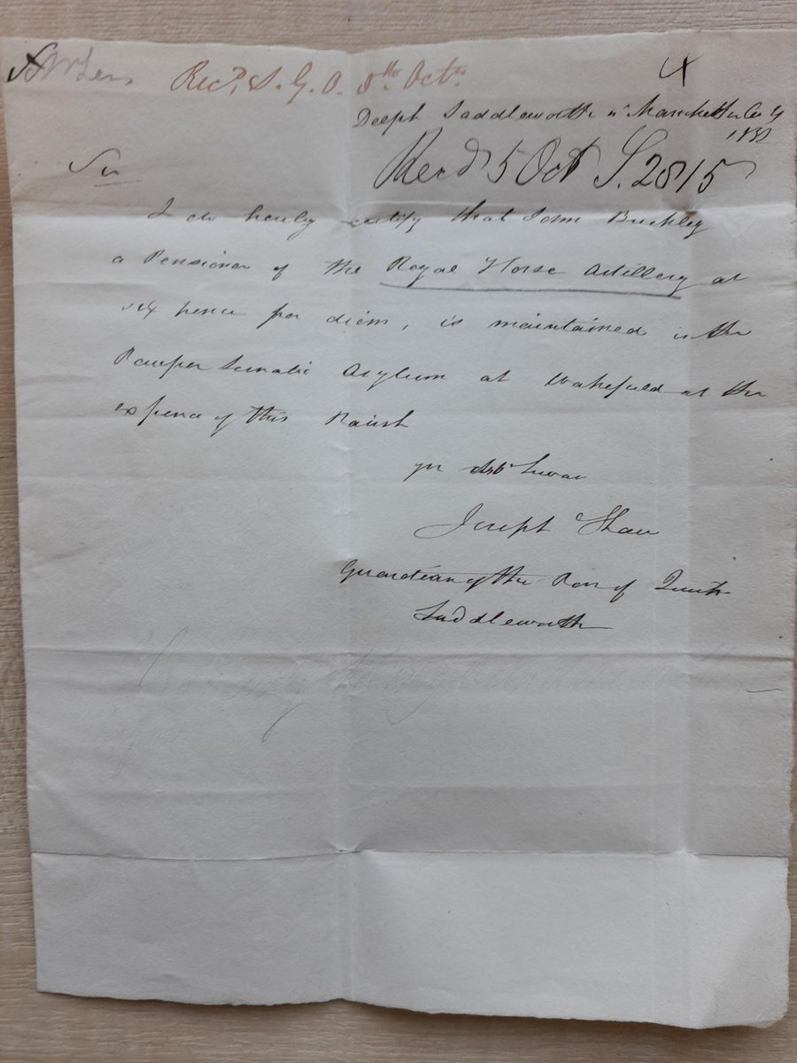 MHMwakefield's tweet photo. #MHM50 week 40: letter to Board of Ordnance 1832. This letter from a Guardian of the Parish of Quick, Saddleworth shows Royal Horse Artillery pensioner John Buckley had been admitted to #WRPLA. A John Buckley served with the RHA as a gunner during the Napoleonic Wars 1793-1815. https://t.co/nOVvmaBtky