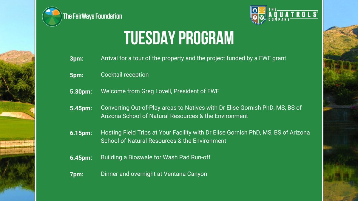 TheFairWaysFdn's tweet photo. 🌟 Tue Oct 22 - earn GCSAA Education Points 🌟 

The FairWays Foundation Summit, 2024 at Ventana Canyon Club in Tucson, AZ. Join us as we highlight and honor the work of environmental conservation, stewardship and education in the green industry. Register: https://t.co/mIDkCmrxbg https://t.co/MHJjK79Cb6