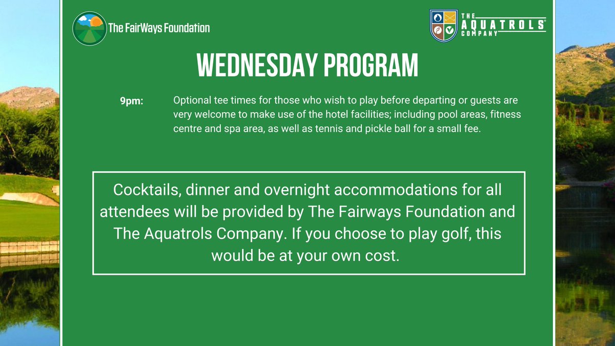 TheFairWaysFdn's tweet photo. 🌟 Tue Oct 22 - earn GCSAA Education Points 🌟 

The FairWays Foundation Summit, 2024 at Ventana Canyon Club in Tucson, AZ. Join us as we highlight and honor the work of environmental conservation, stewardship and education in the green industry. Register: https://t.co/mIDkCmrxbg https://t.co/MHJjK79Cb6