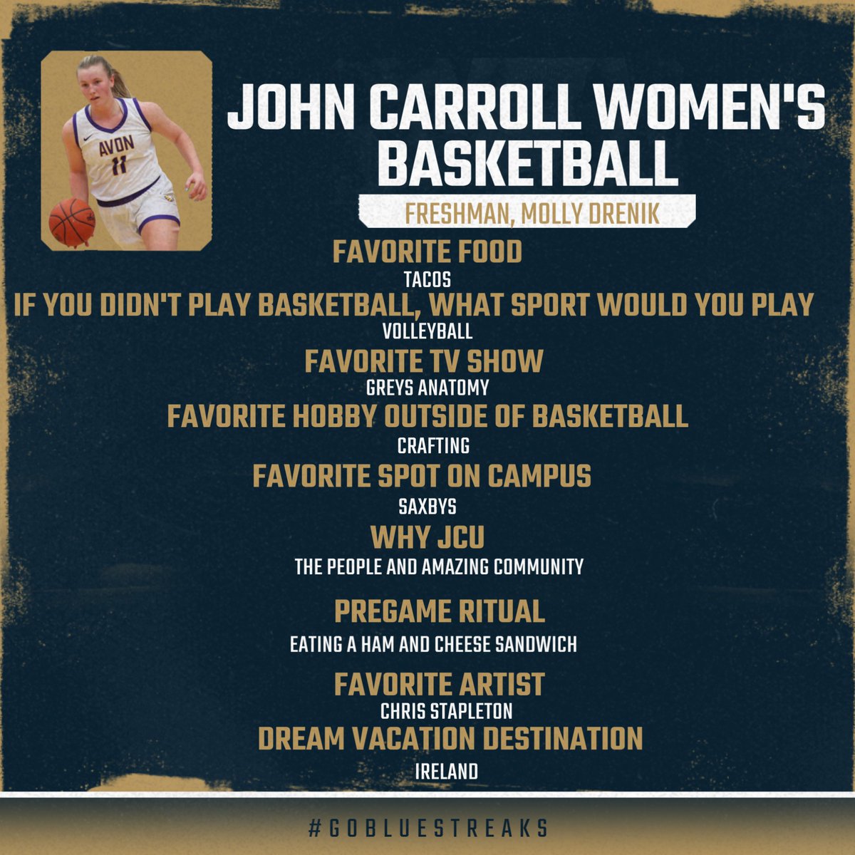 JCU_WBB's tweet photo. Last but not least, welcome to the squad @DrenikMolly Molly is a freshman who graduated from Avon. She plans on studying exercise science and dominating the paint!!😊⚡️ https://t.co/yJ5psHTlfA