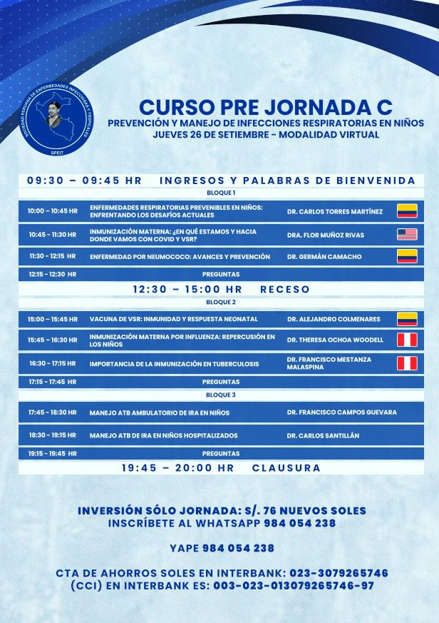 🌍🔬 ¡Prepárate para la 3ra Jornada Internacional de Enfermedades Infecciosas y Tropicales! 🔬🌍
📅  Curso Pre-Jornada: 26 de septiembre de 2024
Informes e inscripciones en:
👉🏼 908 857 108
💻 speit.org.pe
📧 speit@fsistemas.com
#EnfermedadesInfecciosas #SaludGlobal