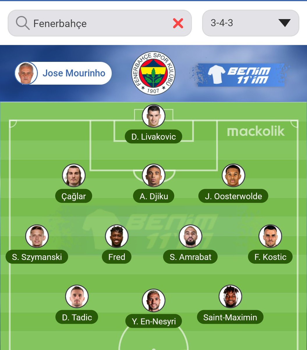FEditor1907's tweet photo. @SaracogluFeneer Galatasaray Maçı İlk 11 https://t.co/ESJHwAbba2