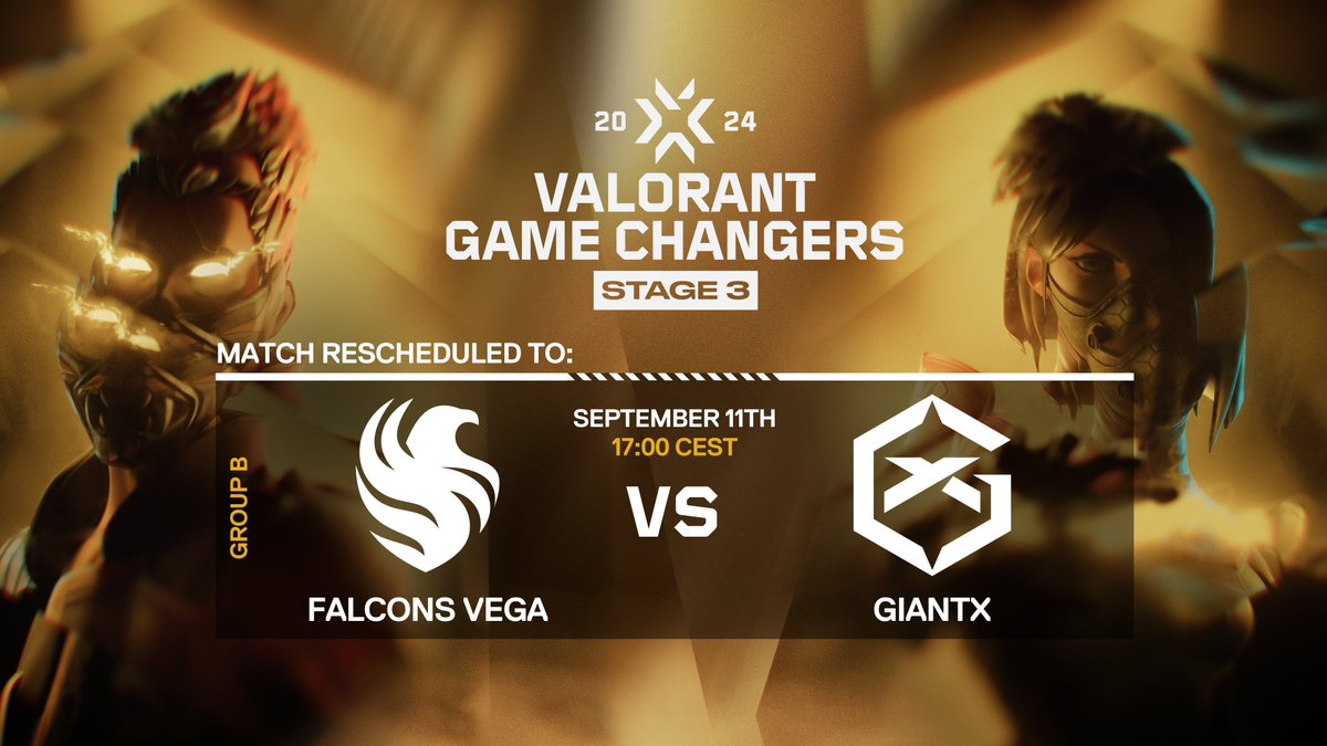 🚨 #VCTGameChangersEMEA Schedule Update: 

The match between <a href="/TeamFalconsGG/">Team Falcons</a> and <a href="/GIANTXENG/">GIANTX</a> will be postponed to September 11th at 17:00 CEST due to server connection issues.

You can find an updated schedule of todays match below! 👇