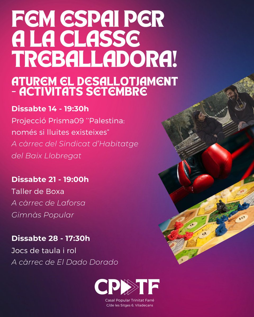 🔴 FEM ESPAI PER LA CLASSE TREBALLADORA!

En marc del proper intent de desallotjament, publiquem les activitats programades per aquest setembre.

Us convidem a assistir i compartir!