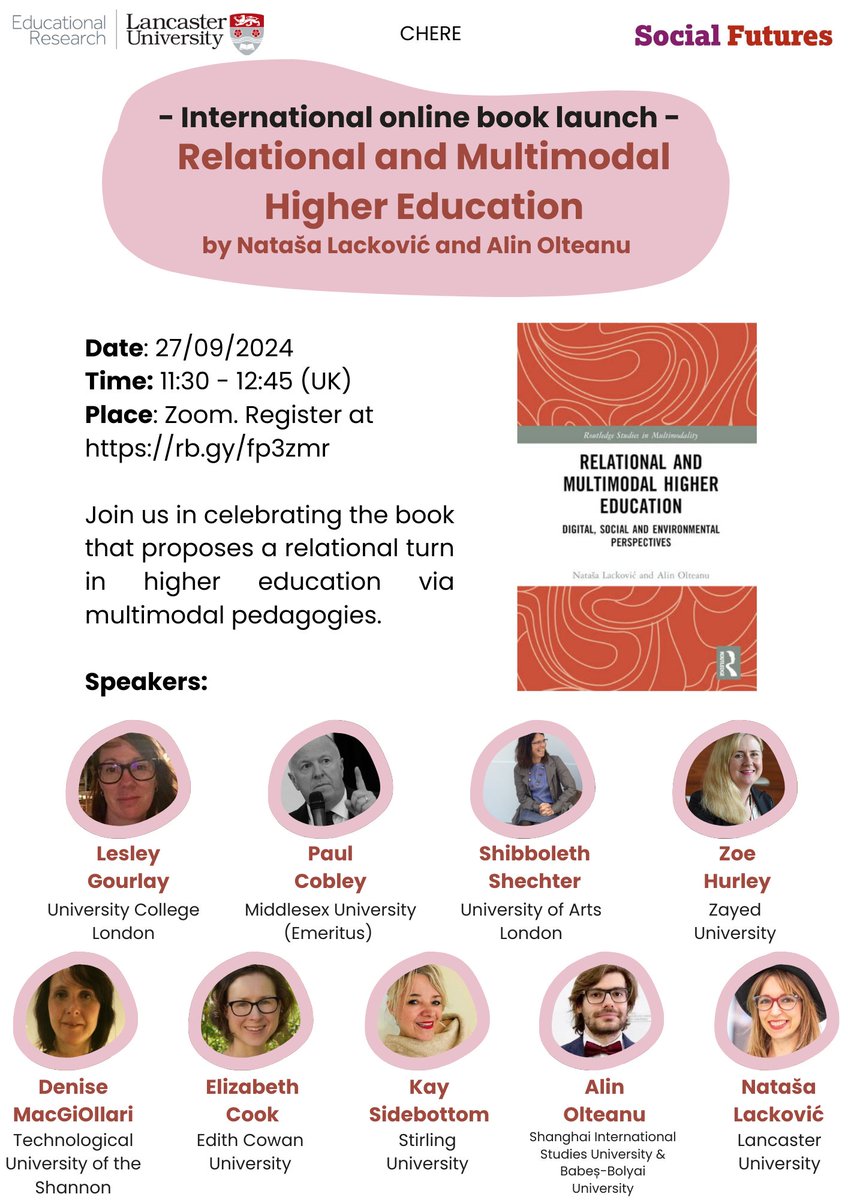 Dr Natasa Lackovic (@natasa_wonders) on Twitter photo Working/interested in higher ed? Join our ONLINE event, Sep 27, 11:30AM (UK): What a #relational #HE is/can be? - Register: rb.gy/fp3zmr <a href="/KaySocLearn/">Dr Kay Sidebottom 🌿🕷⛸</a> <a href="/DeniseMacGiolla/">Denise MacGiollari (Ph.D)</a> <a href="/ZoehurleyDubai/">Zoe Hurley</a> <a href="/CHERELancasterU/">CHERE@LU</a> <a href="/EdResLancaster/">Educational Research</a> <a href="/linolteanu/">Alin</a> J.Cook/S.Shechter/L. Gourlay/P. Cobley Working/interested in higher ed? Join our ONLINE event, Sep 27, 11:30AM (UK): What a #relational #HE is/can be? - Register: rb.gy/fp3zmr <a href="/KaySocLearn/">Dr Kay Sidebottom 🌿🕷⛸</a> <a href="/DeniseMacGiolla/">Denise MacGiollari (Ph.D)</a> <a href="/ZoehurleyDubai/">Zoe Hurley</a> <a href="/CHERELancasterU/">CHERE@LU</a> <a href="/EdResLancaster/">Educational Research</a> <a href="/linolteanu/">Alin</a> J.Cook/S.Shechter/L. Gourlay/P. Cobley