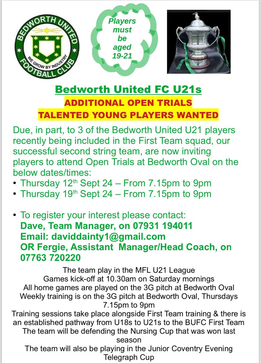 bedworth_united's tweet photo. U21’s are holding trials for new players this Thursday 💚⚽️

Contact team manager David or assistant manager Fergie for more information https://t.co/yyusL3fPqX