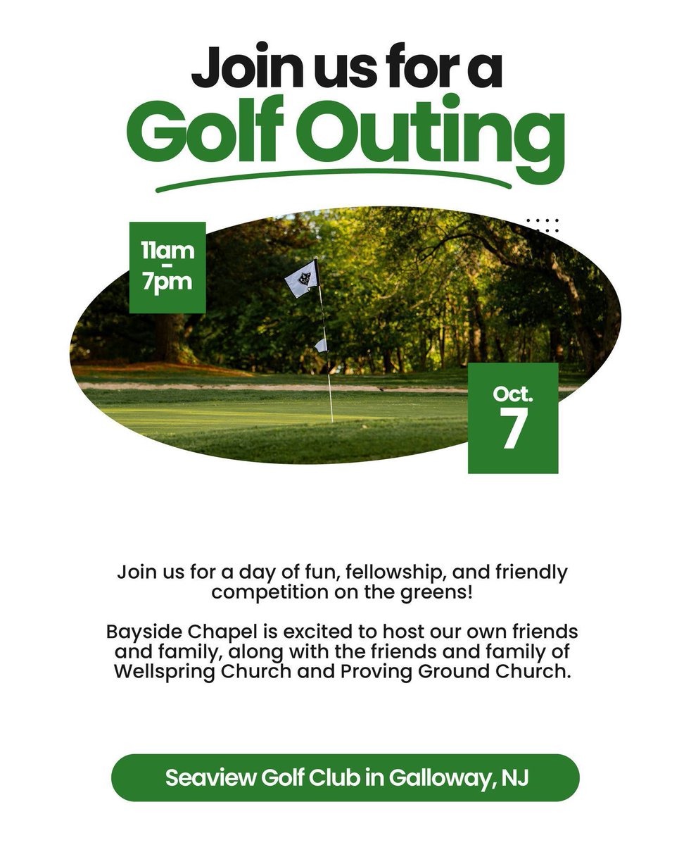 ⛳️ Come out for a great day of fellowship and fresh air! For $160, you'll get dinner and 18 holes at Seaview Golf Club. To sign up and pay for your spot, just head to the Bayside app and click Golf Outing beFORE it's too late!