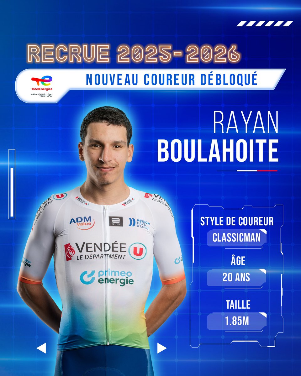 🆕 Du Vendée U au Team ✍️

Vous l’attendiez, voici notre première recrue ✅

Après deux années au Vendée U et après avoir effectué quelques courses chez les professionnels, Rayan Boulahoite s’engage avec le Team pour les deux prochaines années 🤩

#AllezTotalEnergies #GoVendeeU