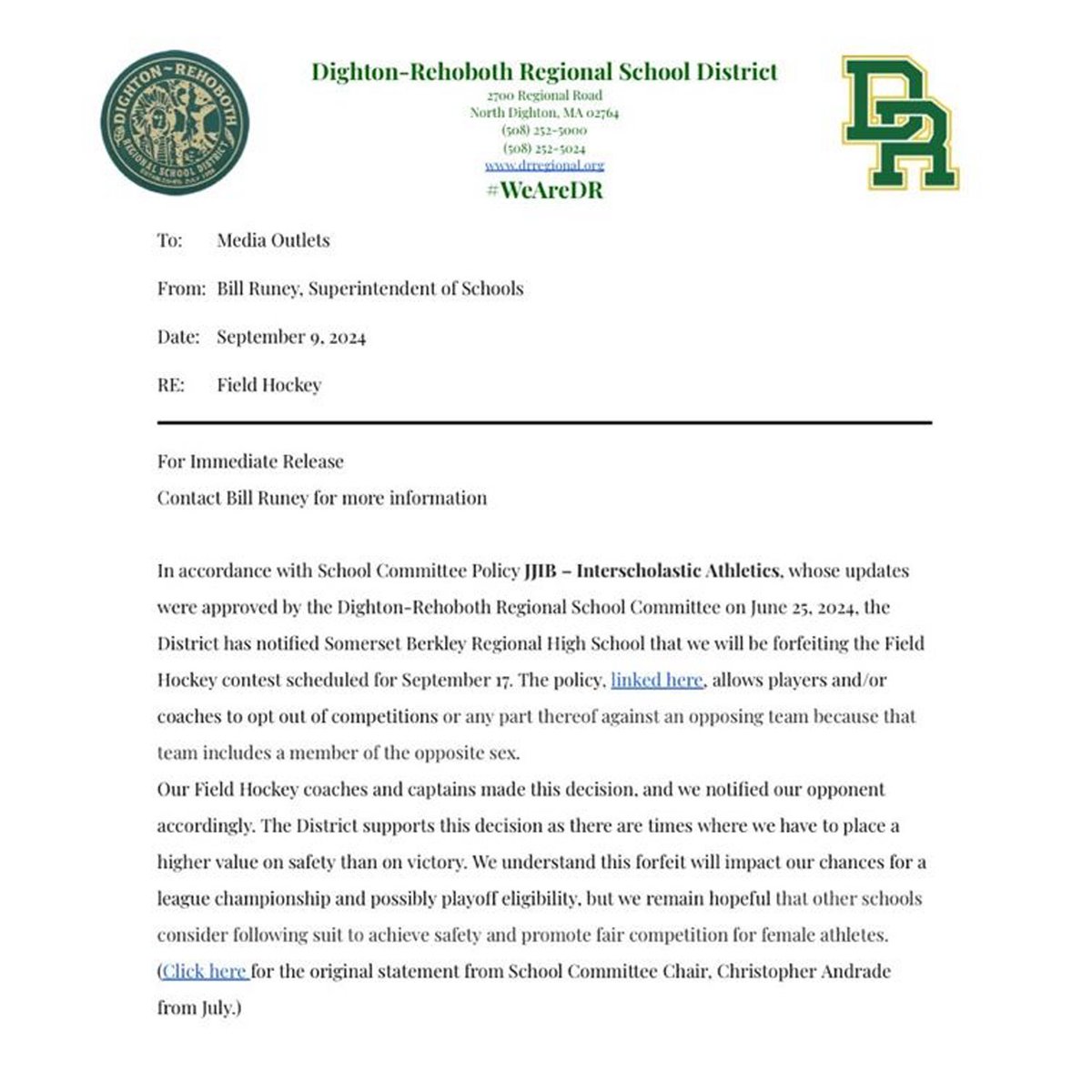 WHOA. Dighton-Rehoboth Regional School District in Massachusetts just announced that their girls' field hockey team is refusing to compete in their next game because the opposing girl’s team has male players.

Every school in the nation should adopt this policy.

Keep males out