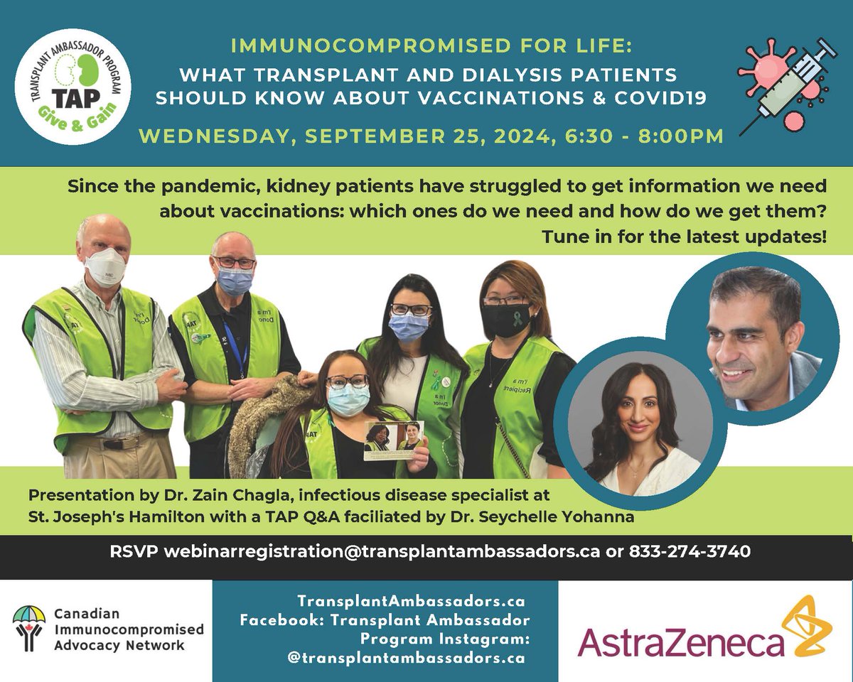 Join us for an informative webinar where kidney patients can get the latest updates on vaccinations and COVID19!
.
With expert speakers Dr. Seychelle Yohanna &amp; Dr. Zain Chagla
.
RSVP webinarregistration@transplantambassadors.ca
#kidneytransplant #kidney #kidneydonor #livingdonor