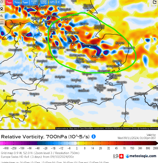 StormTrackUK_'s tweet photo. 🌧️Some moderate showers may develop throughout the day tomorrow.

☔️Low CAPE values will limit the intensity of these showers and lightning density is forecasted to be minimal. We are currently unsure if a convective outlook will be posted, but here is a rough area where these showers may develop based on Swiss 4x4 parameters. 

#thunderstorms 
#uk 
#severewx