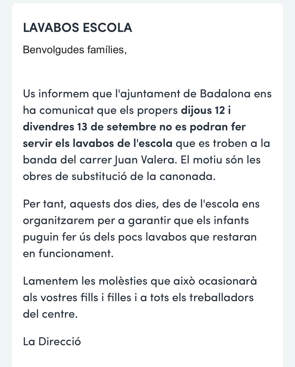 Deconstruint Carner (@deconstrucarner) on Twitter photo Avui les famílies de l’escola <a href="/carnerjosep/">Escola Josep Carner</a> hem rebut aquest comunicat de l’escola.
<a href="/AjBadalona/">Ajuntament de Badalona</a> no podíeu fer aquesta obra abans de l’inici de curs, quan no hi havia nens?
Incompetència o menyspreu? 🤔
#nosomveïnsdesegona #deconstruintelcarner <a href="/Albiol_XG/">Xavier García Albiol</a> @FampasBadalona <a href="/bdncom/">Badalona Comunicació</a> Avui les famílies de l’escola <a href="/carnerjosep/">Escola Josep Carner</a> hem rebut aquest comunicat de l’escola.
<a href="/AjBadalona/">Ajuntament de Badalona</a> no podíeu fer aquesta obra abans de l’inici de curs, quan no hi havia nens?
Incompetència o menyspreu? 🤔
#nosomveïnsdesegona #deconstruintelcarner <a href="/Albiol_XG/">Xavier García Albiol</a> @FampasBadalona <a href="/bdncom/">Badalona Comunicació</a>