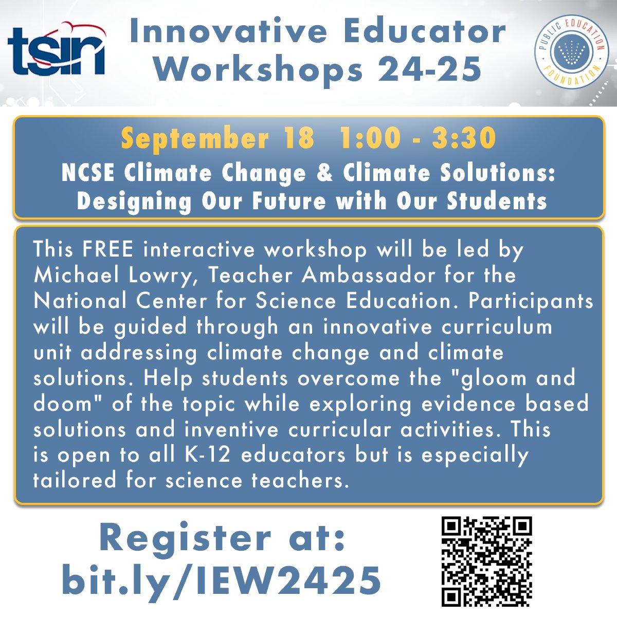 Join Michael Lowry (@theNCSE Teacher Ambassador) on Sept 18 for an interactive workshop on climate change solutions! Perfect for K-12 educators. Register now at bit.ly/IEW2425. <a href="/PEFchattanooga/">PEF Chattanooga</a> <a href="/theTSIN/">Tennessee STEM Innovation Network</a>
#ClimateEducation #STEM