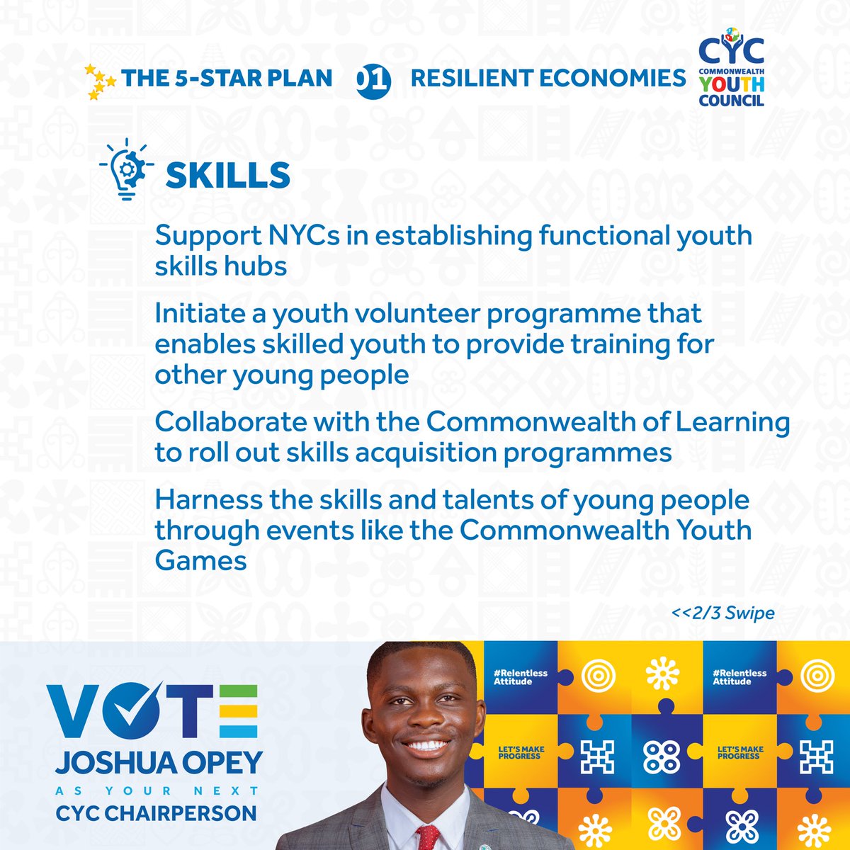 jkOpey's tweet photo. I believe young people must be educated, skilled, and employed to achieve resilient economies across the Commonwealth. 

When elected as Chairperso of @cyctimetotalk, I will implement the following policy propositions with you during my tenure. 

#opey4cyc
#YouthLead https://t.co/DsyFKUV0ut