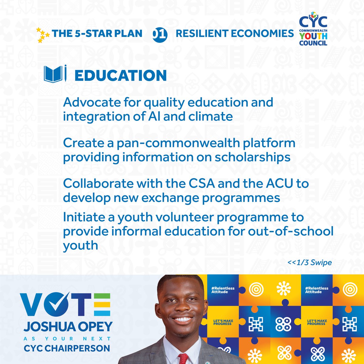 jkOpey's tweet photo. I believe young people must be educated, skilled, and employed to achieve resilient economies across the Commonwealth. 

When elected as Chairperso of @cyctimetotalk, I will implement the following policy propositions with you during my tenure. 

#opey4cyc
#YouthLead https://t.co/DsyFKUV0ut