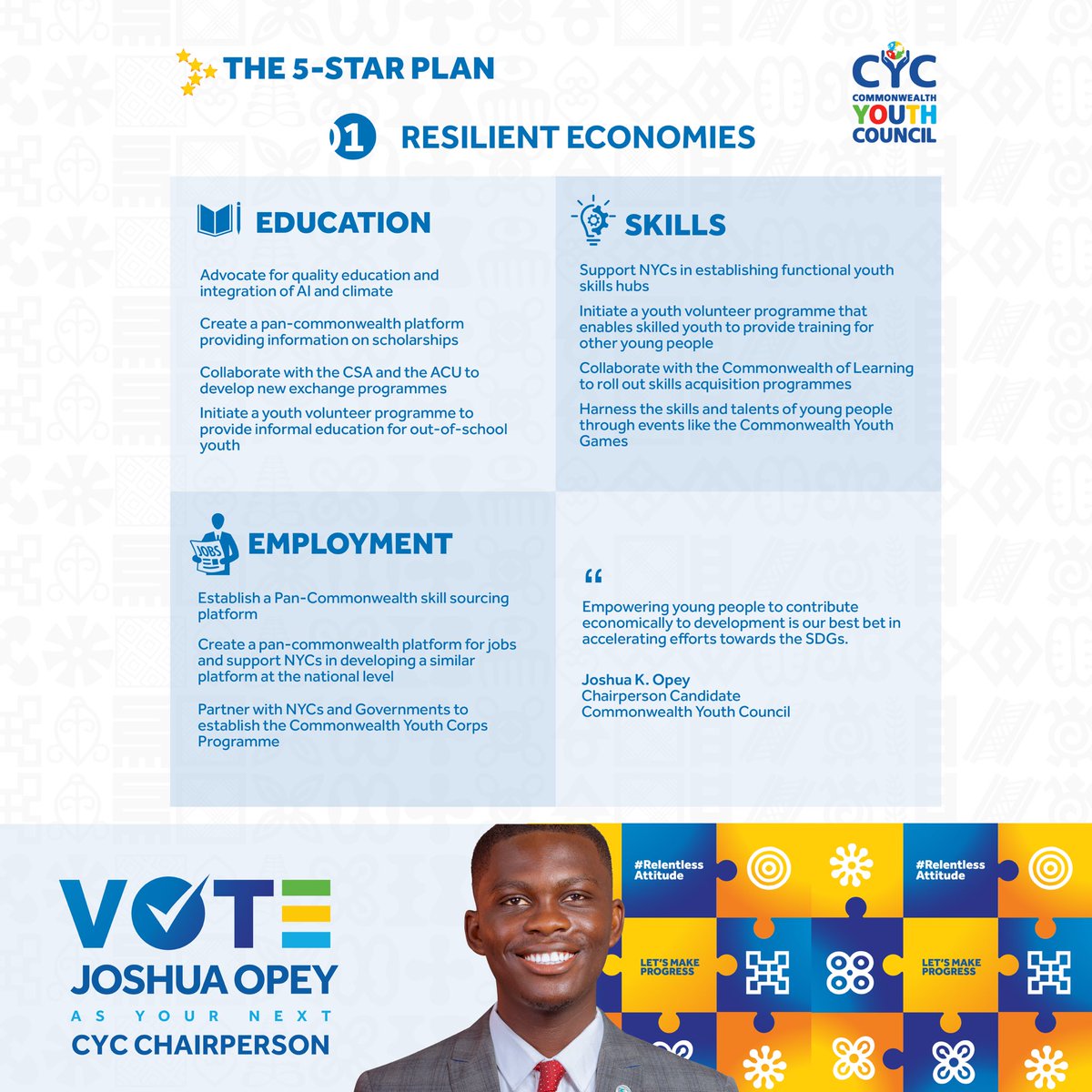 jkOpey's tweet photo. I believe young people must be educated, skilled, and employed to achieve resilient economies across the Commonwealth. 

When elected as Chairperso of @cyctimetotalk, I will implement the following policy propositions with you during my tenure. 

#opey4cyc
#YouthLead https://t.co/DsyFKUV0ut