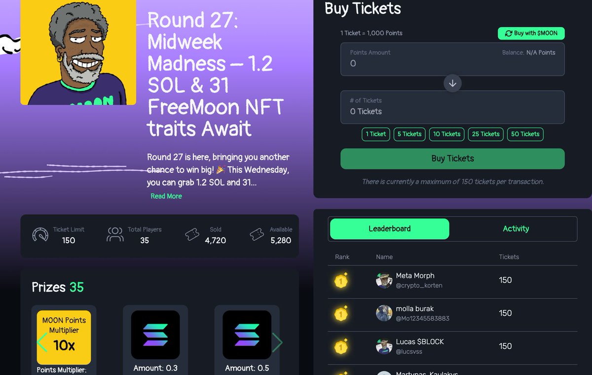 FreeMoonMeme's tweet photo. Are you ready for Round 27 ? 🕹️🎱 

35 prizes are up for grabs including 1.2 $SOL &amp; 31 #NFT traits ‼️ Grab your tickets NOW while you still can 🎟️

https://t.co/GNwyWKFxTT https://t.co/gRk5nfqXSO
