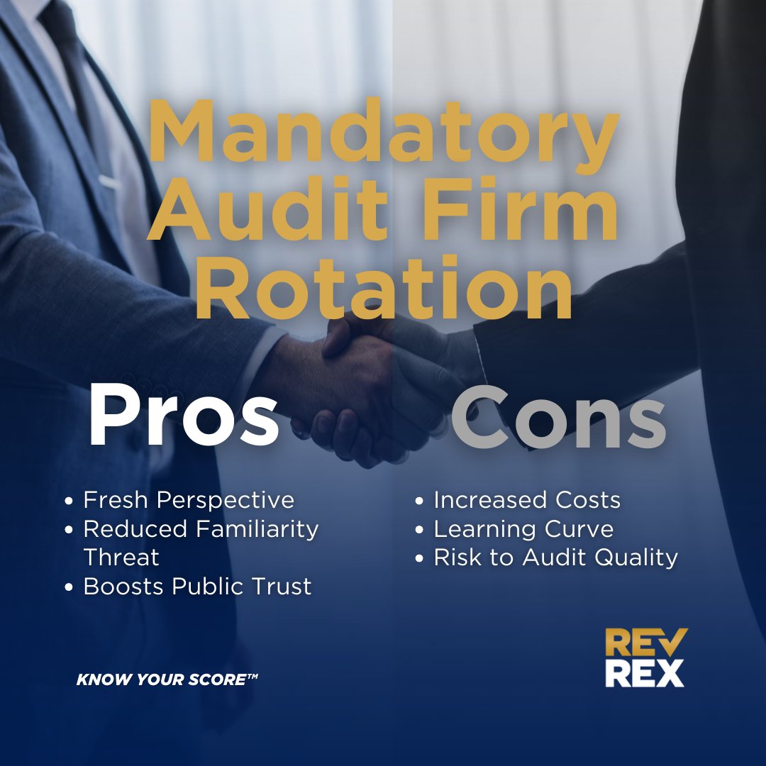 revrexscore's tweet image. Mandatory audit firm rotation: Does it improve auditor independence or create unnecessary costs? Let’s weigh the pros and cons! 🔍 #REVREX #knowyourscore #AuditQuality #BusinessIndependence