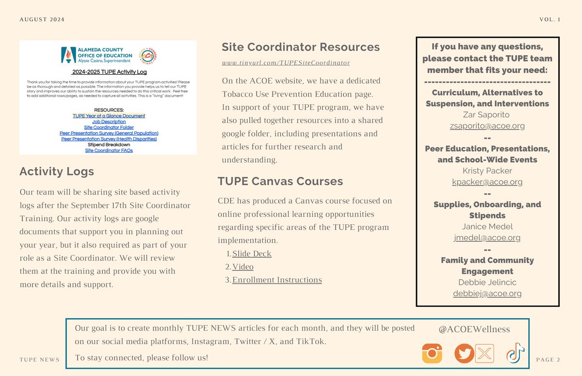 ACOEWellness's tweet photo. 📣📣 SEPTEMBER NEWSLETTER 📣📣
Our team is so looking forward to seeing all of our Site Coordinators at the September 17th Site Coordinator training! Please review our newsletter for the most up to date information and resources! For the PDF version, click the link in our bio! https://t.co/60MHxmoyGV
