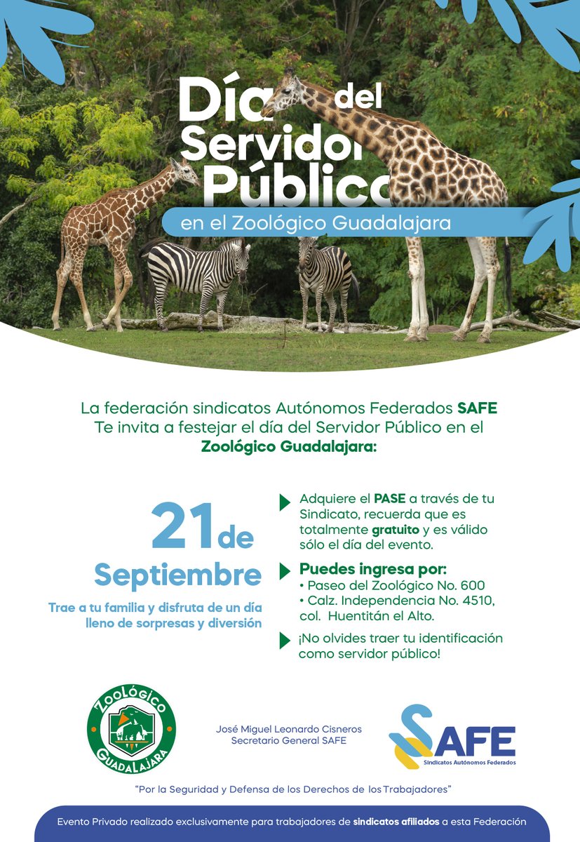 Como cada año, nuestra Federación SAFE te invita a celebrar el Día del Servidor Público en compañía de tu familia en el tradicional Zoológico Guadalajara. te esperamos este 21 de septiembre. ¡Feliz Dia!