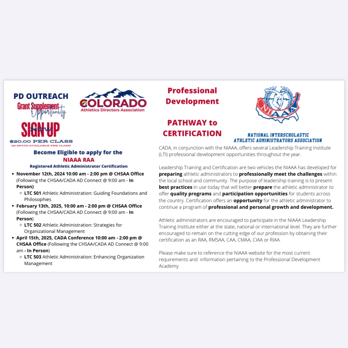 Attention AD’s!  Please check out the dates for some PD and certification courses!