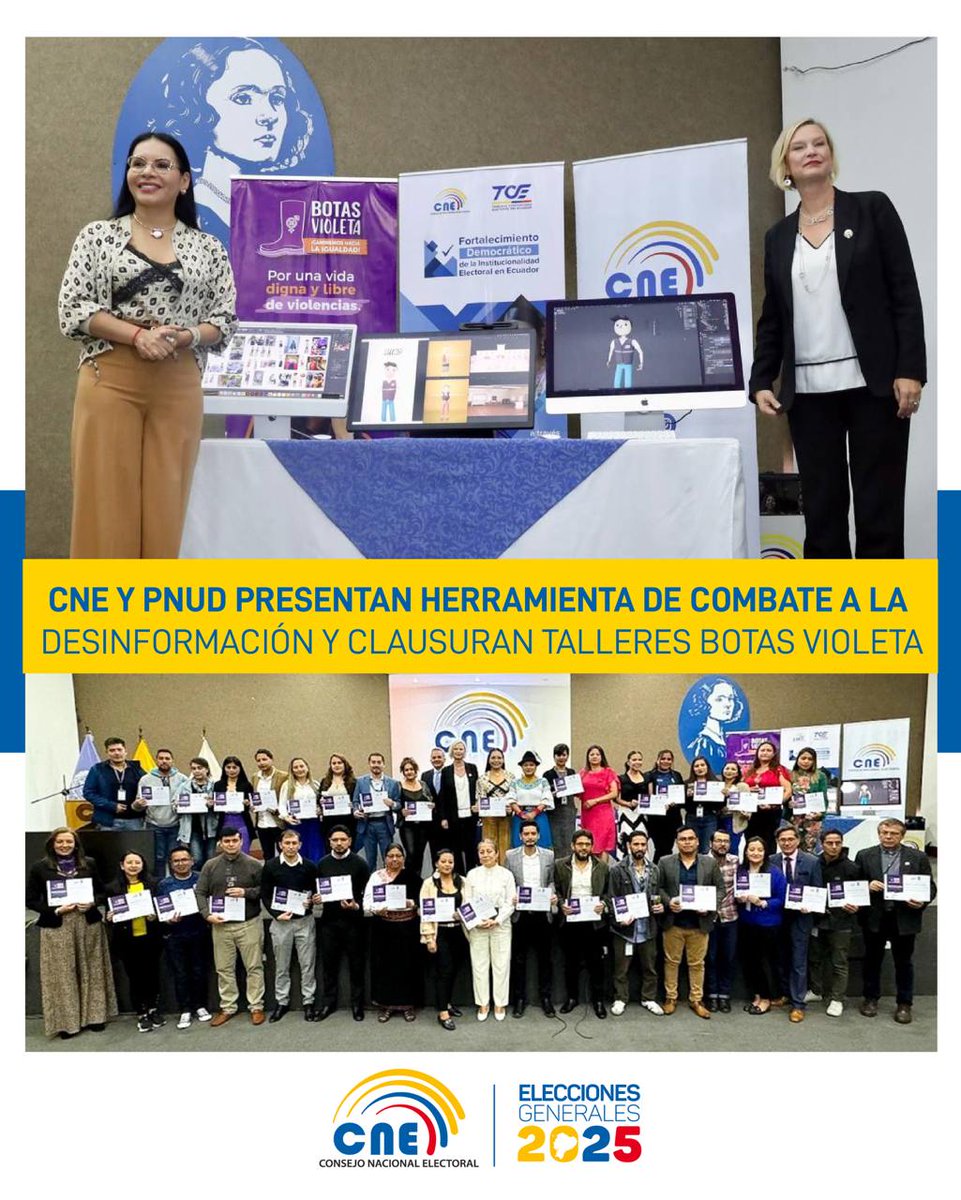 cnegobec's tweet photo. BOLETÍN 🗞️
Junto a @PNUDEcuador presentamos una herramienta de combate a la desinformación 💻🔍 y clausuramos los talleres #BotasVioleta. ♀️💜
Conoce más aquí: ⤵️
https://t.co/CGYbGfG7d8 https://t.co/lSU4unSa0H