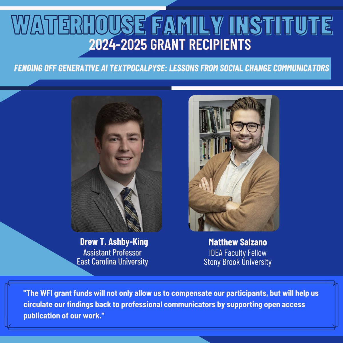 Waterhouse Family Institute (@waterhouseinst) on Twitter photo Please join us <a href="/WaterhouseInst/">Waterhouse Family Institute</a> in congratulating recipients of the WFI 2024-25 Grant! On day two of nine, we profile a winning research project and its authors, <a href="/DrewA_K/">Drew T. Ashby-King, Ph.D.</a> <a href="/ECUComm/">ECU School of Comm</a> and <a href="/matthew_paul/">Matthew Salzano</a> <a href="/stonybrooku/">Stony Brook University</a> Please join us <a href="/WaterhouseInst/">Waterhouse Family Institute</a> in congratulating recipients of the WFI 2024-25 Grant! On day two of nine, we profile a winning research project and its authors, <a href="/DrewA_K/">Drew T. Ashby-King, Ph.D.</a> <a href="/ECUComm/">ECU School of Comm</a> and <a href="/matthew_paul/">Matthew Salzano</a> <a href="/stonybrooku/">Stony Brook University</a>