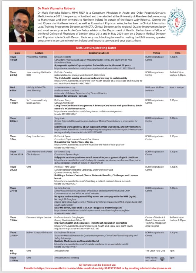 One month to go!
I’m opening the <a href="/UlsterMedSoc/">UlsterMedicalSociety</a> evening programme Thurs 10th Oct ‘A pragmatic optimist’s prescription for healthcare over the next 20 years’. 
Free in-person &amp; virtual via eventbrite.co.uk/e/ums-presiden…
The trainee elevator pitches are competing over the Whitla Cup 🥳👇🏽