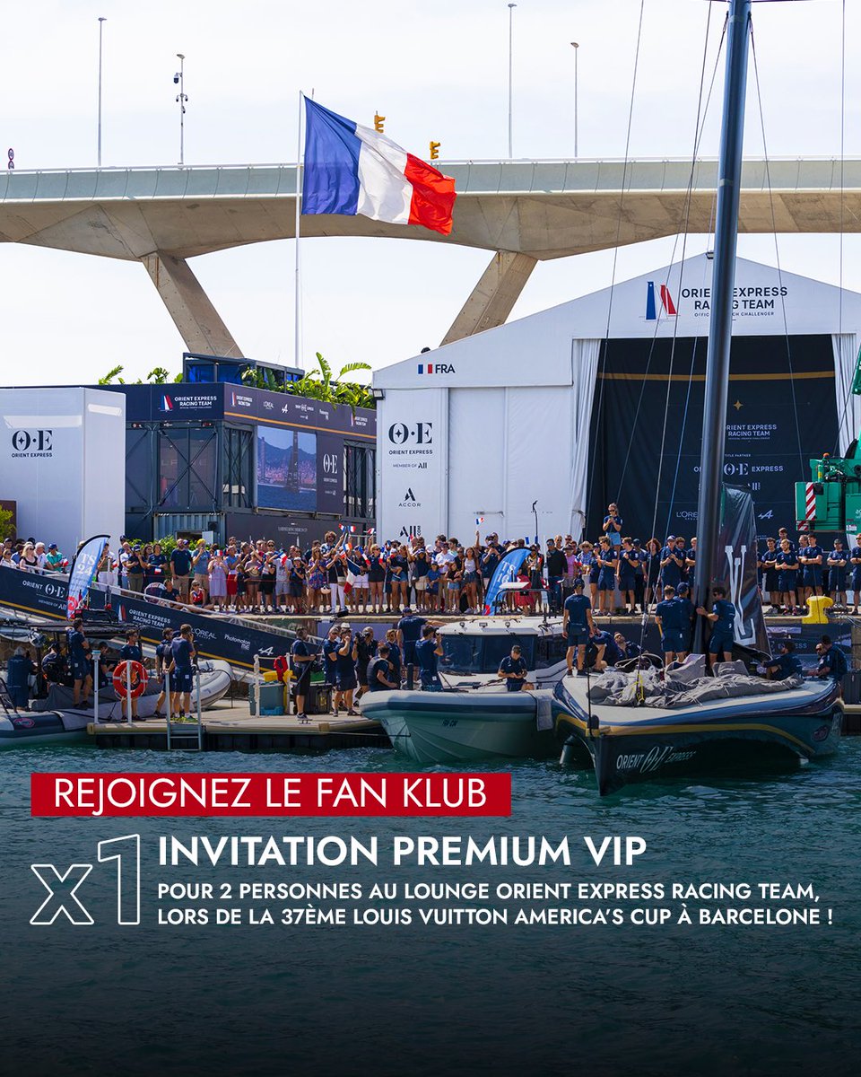 🎁 Nouveau challenge sur le Fan Klub !
🥂 Tentez de remporter une invitation premium VIP pour 2 personnes au lounge Orient Express Racing Team le 16 Octobre, lors de la 37ème Louis Vuitton America’s Cup à Barcelone !

🎟 Pour participer ‣ bit.ly/FanKlub