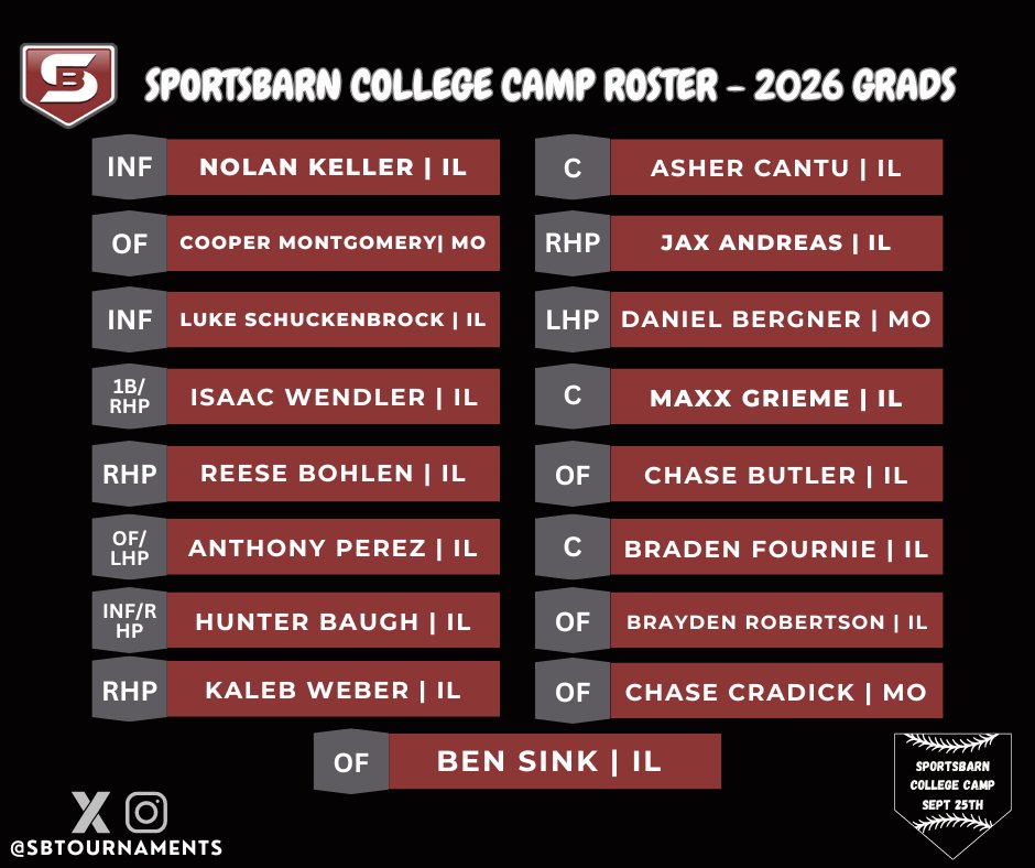 SportsBarn College Camp Roster

2026 grads

+ When: September 25th
+ Who: Uncommitted '25 &amp; '26s
+ What: Workout + Game

One more PO spot left. 

All info. 👇 

📓: tinyurl.com/4p55jvjb