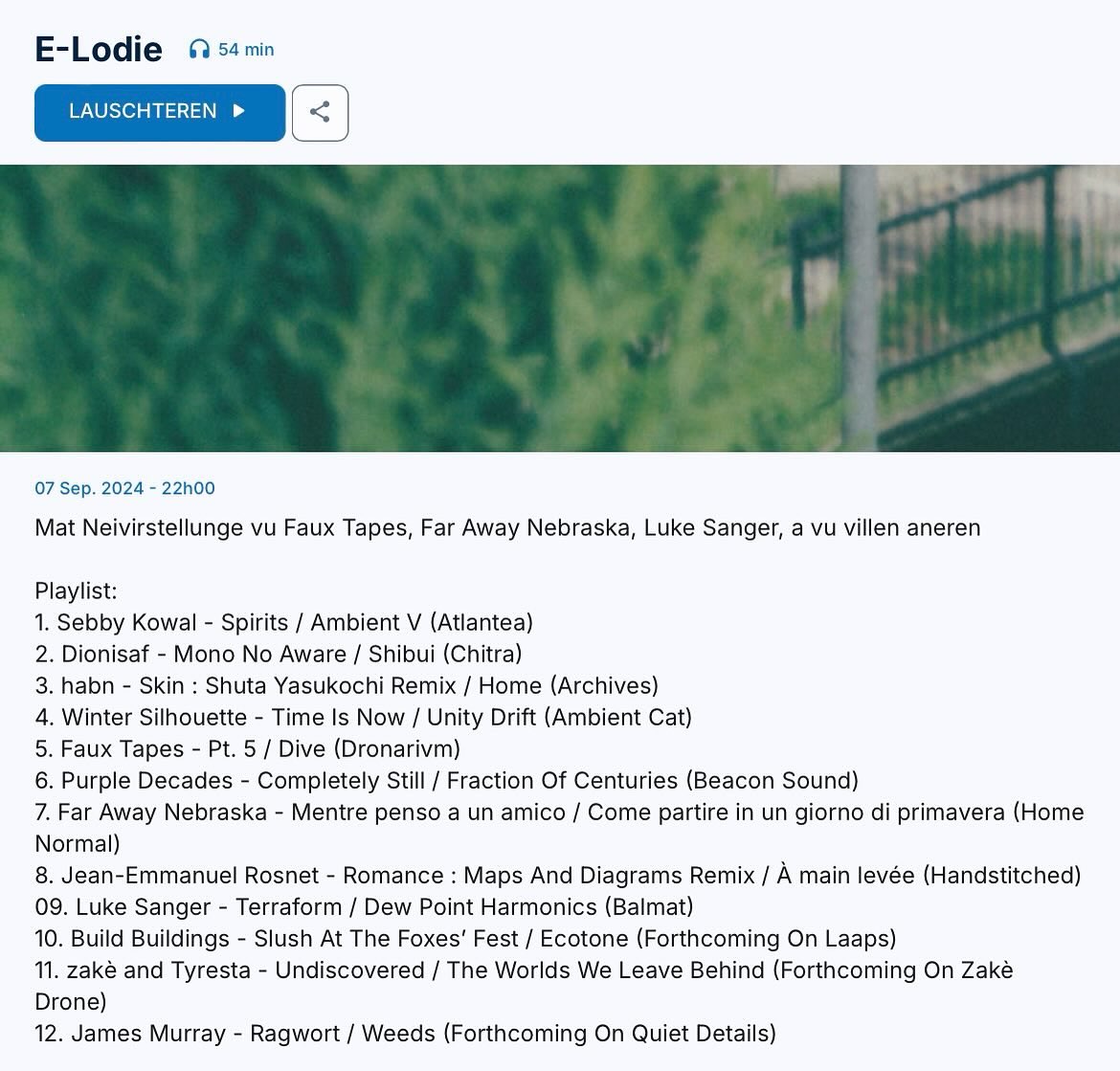 New episode of E-Lodie ambient radioshow featuring a track from the freshly released EP ‘Dive’ by <a href="/FauxTapes/">Faux Tapes</a> 

100komma7.lu/show/E-Lodie/2…