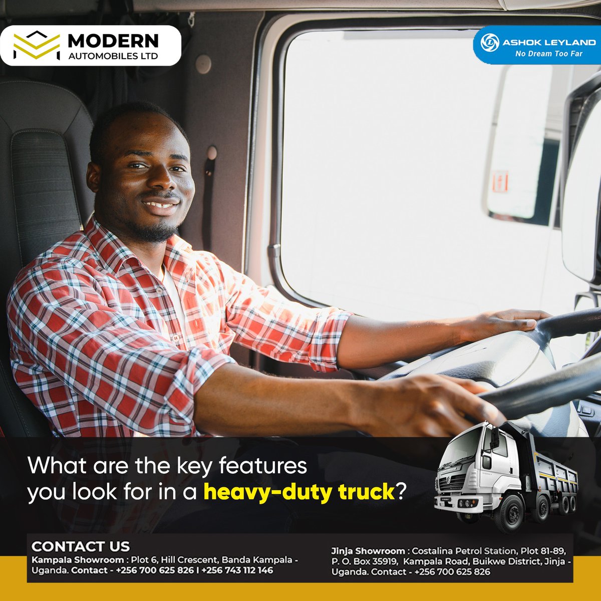 modernautoug's tweet image. What are the key features you look for in a heavy-duty truck?
Kampala Showroom Contact - +256 700 625 826 l +256 743 112 146
Jinja Showroom Contact - +256 700 625 826
#modernautomobile #KeyFeature #heavytruck #AshokLeyland