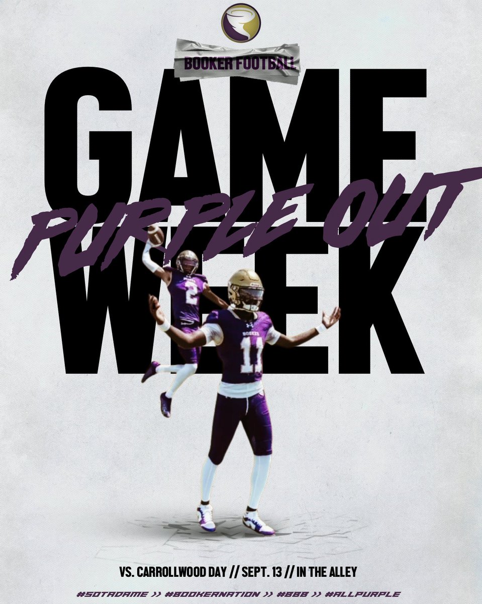 CoachLittles's tweet photo. Booker Nation it is a Purple Out this week in the Alley!! Come out and support the team as we take on Carrollwood Day! Kickoff is slated for 7:30PM! #PTR #SotaDame #BBB #PurpleOut #BookerNation https://t.co/6bvvQSU9hE
