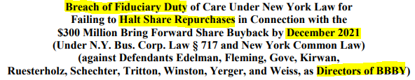 beyond_mythos's tweet photo. RoBB grade: Early Harbinger of Corporate Mortality

Disclaimer: The RoBB grade may be a useful tool for highlighting potential over-reliance on buybacks as a financial strategy but should not be the sole determinant of a company's investment quality or the competence of its management. None of this is financial advice.

I've been studying cellar boxed companies, and the most obvious data point I've found that may indicate whether a company is being destroyed from inside is the "Return on BuyBacks" of shares (RoBB for short [1]).  I've created a grading system that will be tweaked over time that I call the "RoBB grade".

An "A" grade will be given to companies that bought back shares at "low prices" and an "D" or "F" grade will be given to companies that burned their cash buying back shares at high prices before or sometimes even while watching their share price fall.

The thesis is that without an interfering activist investor  A) most "D" grades will turn into "F" grades within probably 2 years and B) most "F" grades will go bankrupt within probably 2 years.

E.g. $GME and $BBBY were F graded as @ryancohen wrote his letters to the boards. Under some circumstances those "F" graded companies can be "deep f*cking value" when the company is turned around.

But even if not, shareholders may be able to demand recovery as "[...] a share of stock carries a default right to sue for breach of fiduciary duty" [2], like the running case against former $BBBY executives where share buybacks are directly addressed. 

[3]

To combat the feedback loop that is created by negative price movement being correlated to an D or F grade (not caused by),

- we will only use those companies with positive accumulated operating income for 10 years whereof at least 30% is spent on share buybacks, thus a significant investment where executives and boards should be held accountable for

- further checks / DDs should be applied to verify that the company is more likely killed from the inside without the core business deteriorating naturally and executives doing everything to save the company. Like was cash held at dangerously low levels, where there massive impairments for strange reasons, where there big inventory cuts, was high interest rate debt deployed after the company spent money on share buybacks, where there overpaying acquisitions, were there big payments unusually early or late, were there unfavorable sale-and-lease-back agreements, was executive compensation excessive? [4]

[1] https://t.co/eqHYxUMent
[2] https://t.co/wStxTCndlr
[3] https://t.co/TBTfyTRtGh 
[4] DDs for $GME, $BBBY, $CHWY, $BIG, $M, $WBA, $KSS https://t.co/5cNxipixeT 

Thanks go out to @6days1week, @JackSpades123, @tehchives and @Bibic_Jr