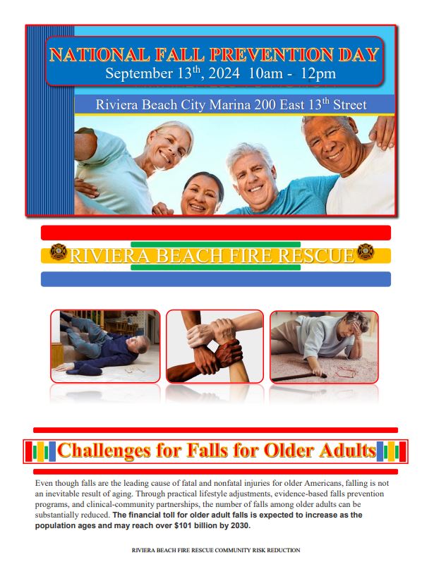 Rivierabch's tweet photo. Join Riviera Beach Fire Rescue at The Marina on September 13th, from 10 a.m. to 12 p.m., for valuable insights on fall prevention for older adults this #NationalFallPreventionDay. Don't miss out! #RivieraBeachFireRescue #FallPrevention #CommunityEvent https://t.co/OZ6fYPEOHP