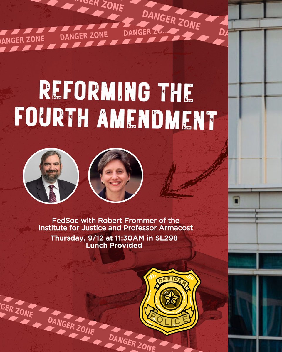 FedSocAtUVALaw's tweet photo. Join us Thursday at 11:30am in SL298 for a conversation with @IJ Robert Frommer, who will speak on their Project on the Fourth Amendment. @uvalaw’s own Professor Armacost will then offer her thoughts on Fourth Amendment reform. Lunch provided! 🥪🥙 https://t.co/uPWDikvRRI