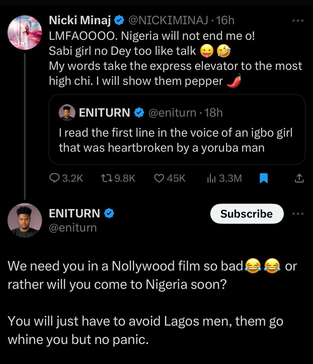 Alaba589's tweet photo. 9.
Coz of Nicki Minaj, Stray bullet just hit Lagos men🤣🤣😂🤣 https://t.co/RVYHdda2hO