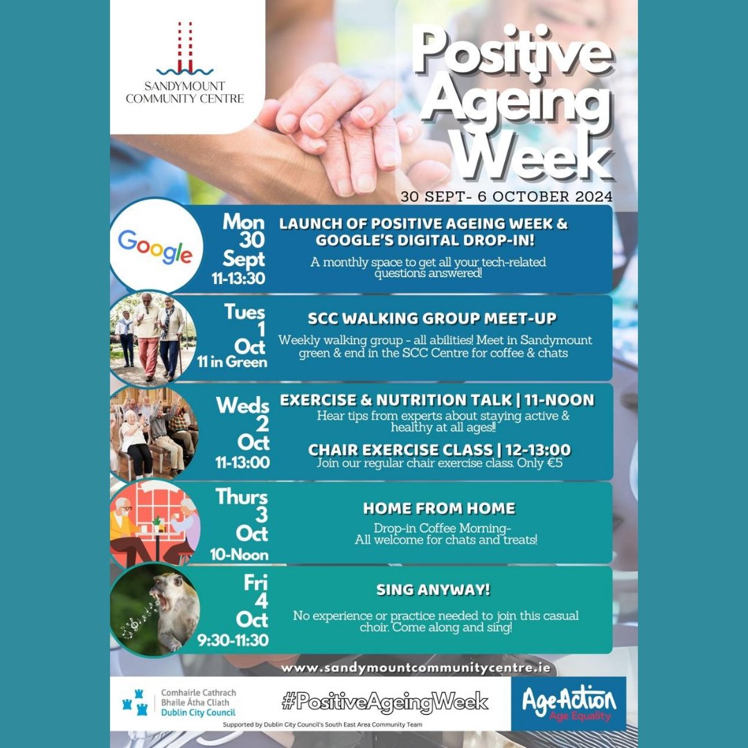🌟 Positive Ageing Week at Sandymount CC! 30 Sept - 6 Oct 2024 Mon: Launch &amp; Google Drop-in (11:00) Tues: Walking Group (11:00) Weds: Exercise Talk (11:00) &amp; Chair Exercise (€5, 12:00)Thurs: Coffee Morning (10:00) Fri: Sing Anyway Choir (9:30)
More info:sandymountcommunitycentre.ie