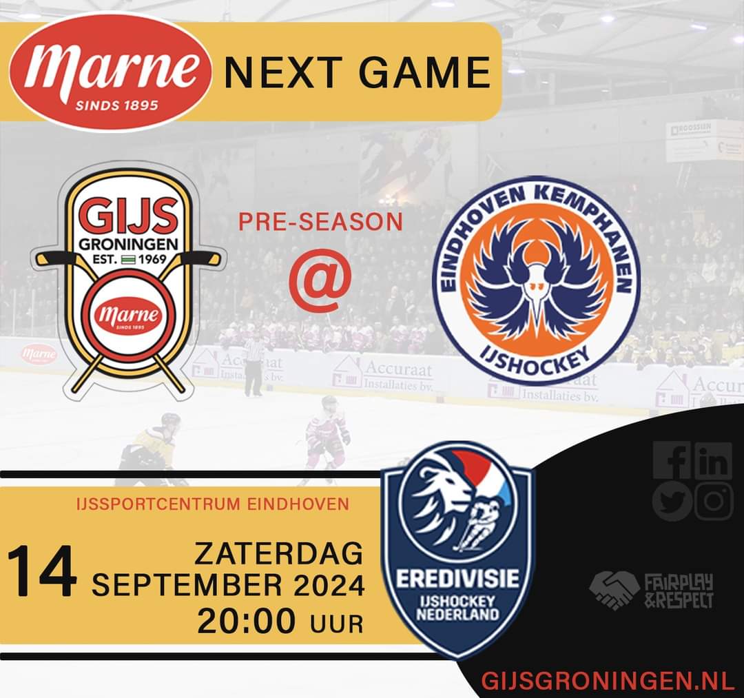Pre-Season friendly match <a href="/Kemphanen/">Eindhoven Kemphanen</a> in IJssportcentrum Eindhoven ter voorbereiding op het nieuwe Eredivisie ijshockey seizoen 2024-2025. 
Toegang GRATIS ! 

#GIJS #Marne #Groningen #IJshockey #Eredivisie #Friendly #Eindhoven #Kemphanen #IJshockeyNederland