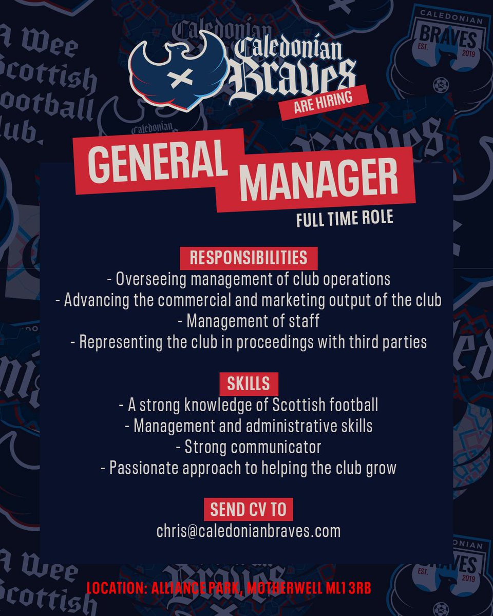 TheBravesFC's tweet image. 🚨WE ARE HIRING! 🚨

The Caledonian Braves are delighted to welcome applicants, for the full-time position of General Manager.

More information on the role can be found at the link below ⤵️
caledonianbraves.com/news/we-are-hi…

🤝Are you ready to #JoinTheBraves