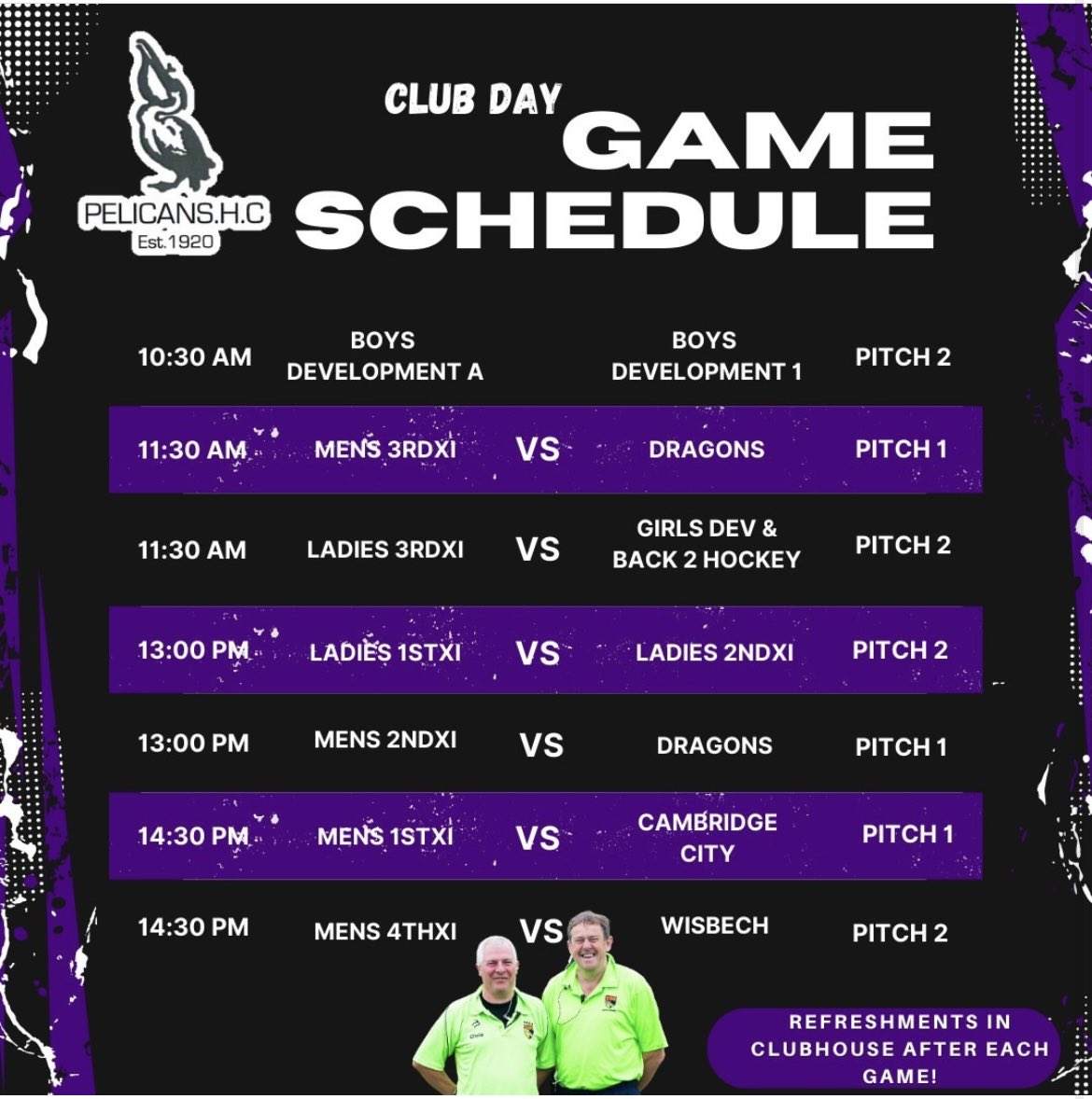 Come and join us this Saturday for our club day! An excellent opportunity to see all our teams in action! 

Drinks and food available all day at the pitch side shack and the club house. 

See you there 🖤💜🏑🏑