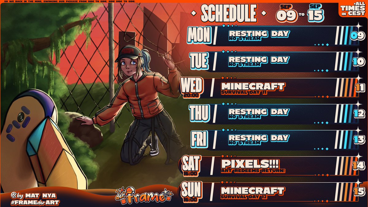 FRMFrame's tweet photo. ✨STREAM SCHEDULE ~ SEP 09 - SEPT 15✨
PIXELART is making a return this week with more custom redeems for the Fishing game! 🧡
Aaaaand playing mooore Minecraft ✨
This weeks art is made by @/martimsia (Artfight Attack)
#FrameSchedule https://t.co/j6r75jskNk