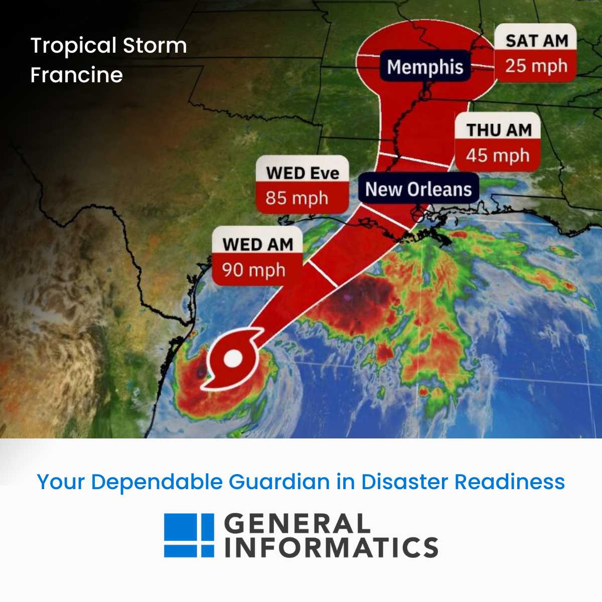 GenInf's tweet photo. ⛈️General Informatics' storm response team is monitoring Tropical Storm Francine, expected to hit the Louisiana coast as a category two by Wednesday. Our teams are ready to address challenges, contact us at 888.349.8766. Stay safe! #StormUpdates #HurricaneFrancine https://t.co/6UtKXktGBU