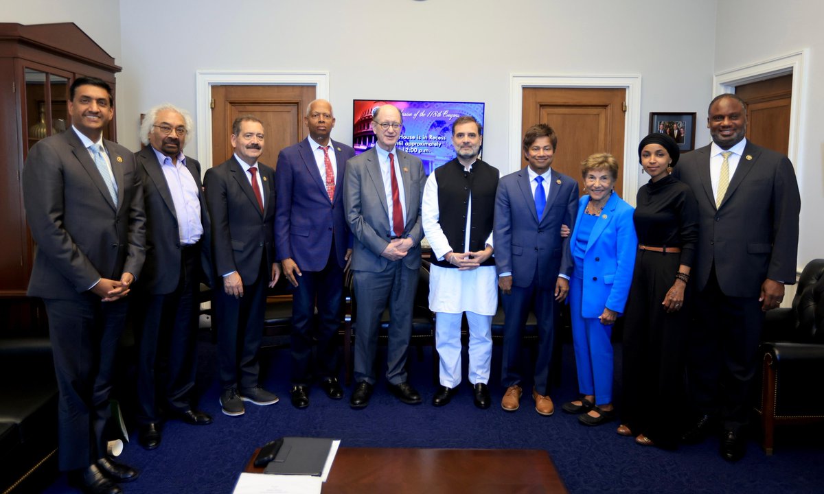 INCIndia's tweet photo. Shri @RahulGandhi met with U.S. lawmakers at the Rayburn House Office Building, Washington, D.C.

Attendees:

•Hosted by Congressman Bradley James Sherman
•Congressman Jonathan Jackson
•Congressman Ro Khanna
•Congressman Raja Krishnamoorthi
•Congresswoman Barbara Lee
•Congressman Shri Thanedar
•Congressman Jesús G. “Chuy” García
•Congresswoman Ilhan Omar
•Congressman Hank Johnson
•Congresswoman Jan Schakowsky