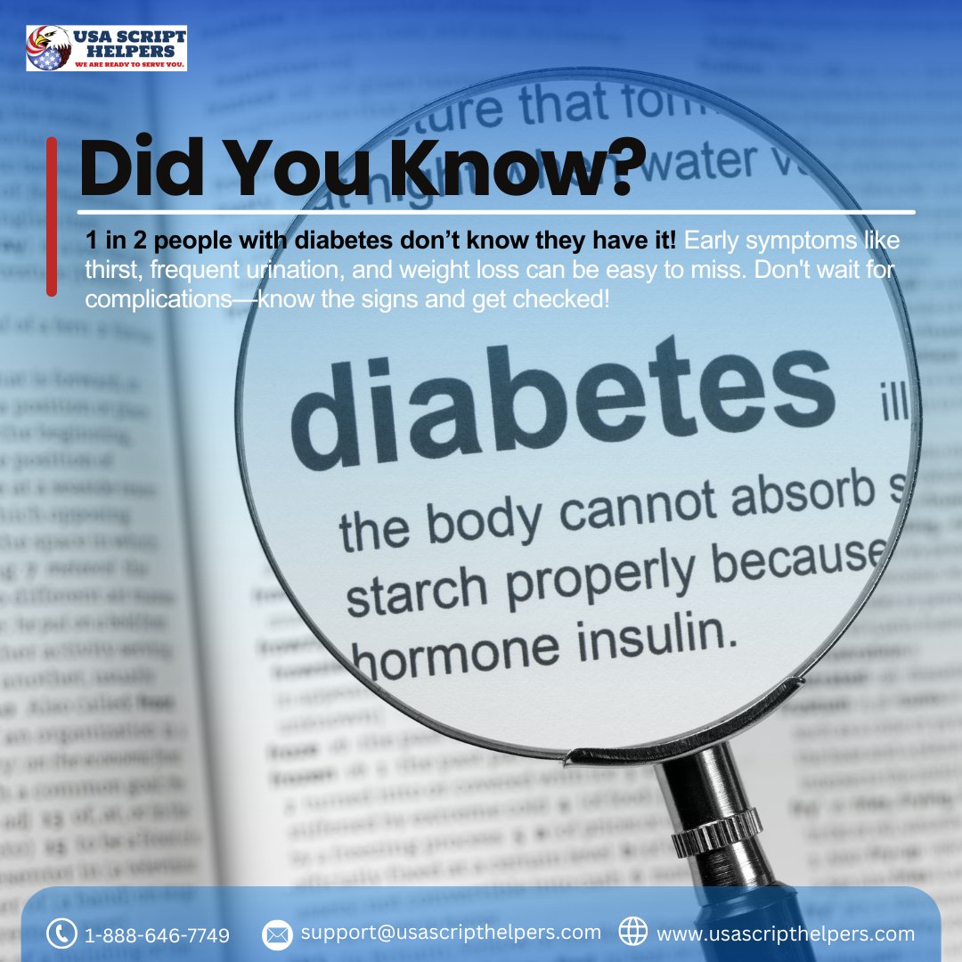 USAScriptHelper's tweet image. Did you know 1 in 2 people with diabetes don’t know they have it? 😲 Early signs like thirst, frequent urination, and weight loss are easy to miss. Don’t wait—know the signs and get checked! 🩺💙
#DiabetesAwareness #HealthMatters #usascripthelpers #diabetesmanagement