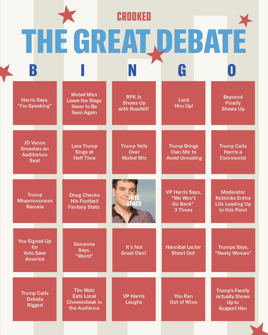 CrookedMedia's tweet photo. It's the most important bingo card of our lifetime.
#CrookedMedia #Debate #Bingo #Trump #Harris https://t.co/Us0U8MdKwC